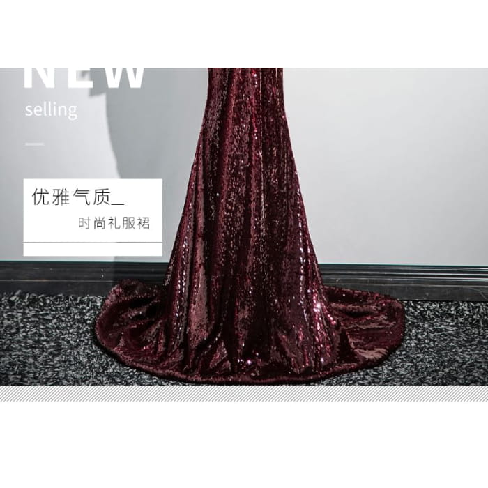 Sequin Peplum Panel Trumpet Tube Evening Gown - Dress