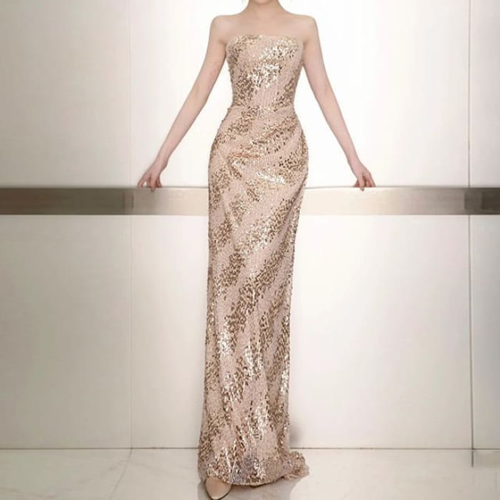 Sequin Sheath Tube Evening Gown - Champagne / XS - Dress