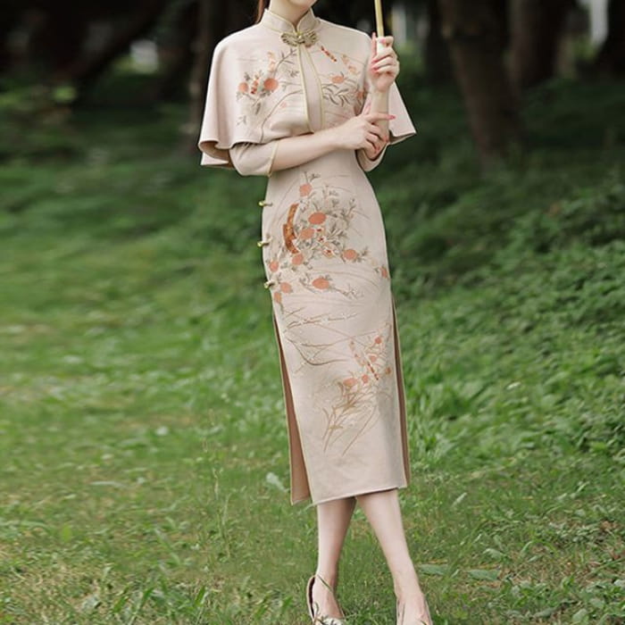 Set: 3/4-Sleeve Floral Midi Qipao + Capelet - Flower - Pink