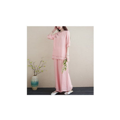 Set: 3/4-Sleeve Plain Frog Buttoned Cheongsam Top + High