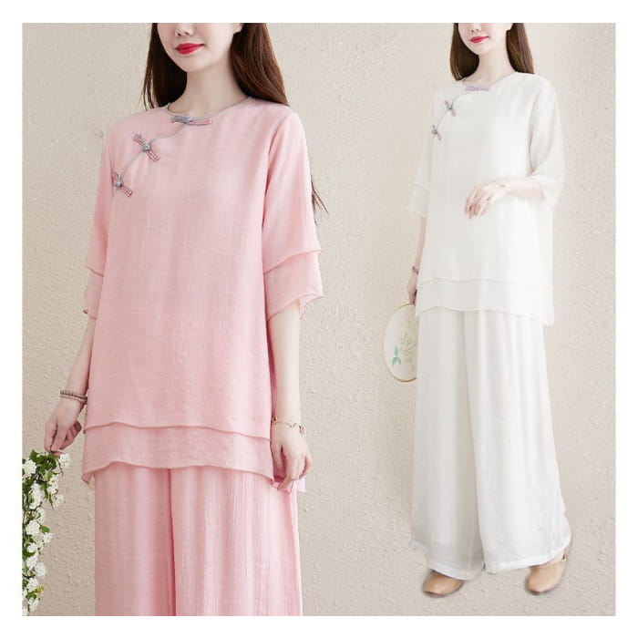 Set: 3/4-Sleeve Plain Frog Buttoned Cheongsam Top + High