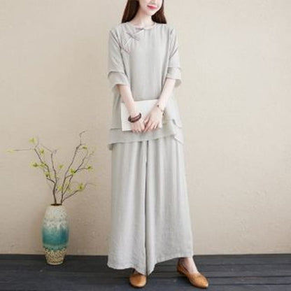 Set: 3/4-Sleeve Plain Frog Buttoned Cheongsam Top + High