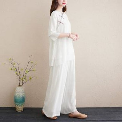 Set: 3/4-Sleeve Plain Frog Buttoned Cheongsam Top + High