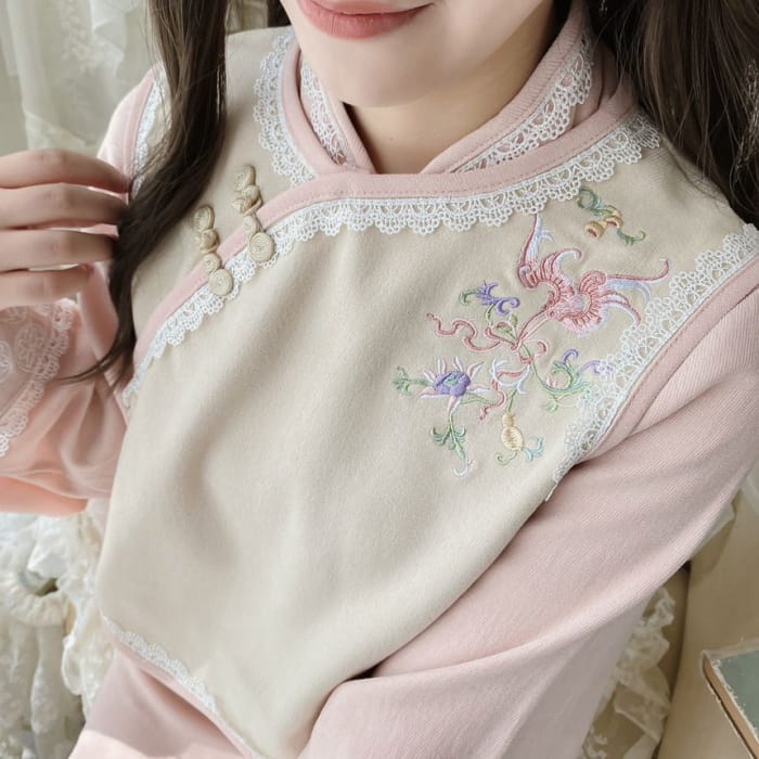 Set: Bell-Sleeve Mandarin Collar Midi A-Line Dress + Floral