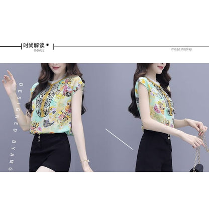 Set: Cap Sleeve Printed Blouse