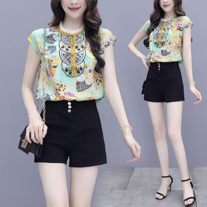 Set: Cap Sleeve Printed Blouse