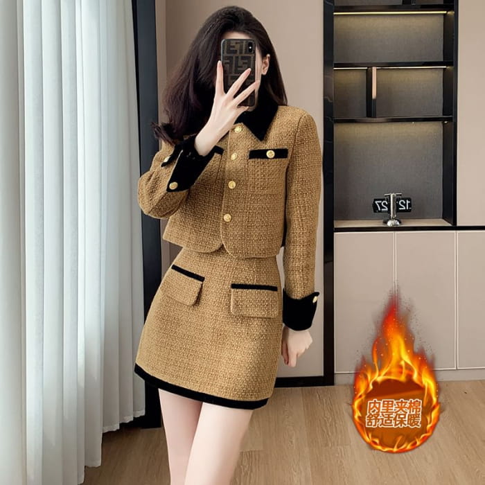 Set: Collared Contrast Trim Button-Up Tweed Crop Jacket