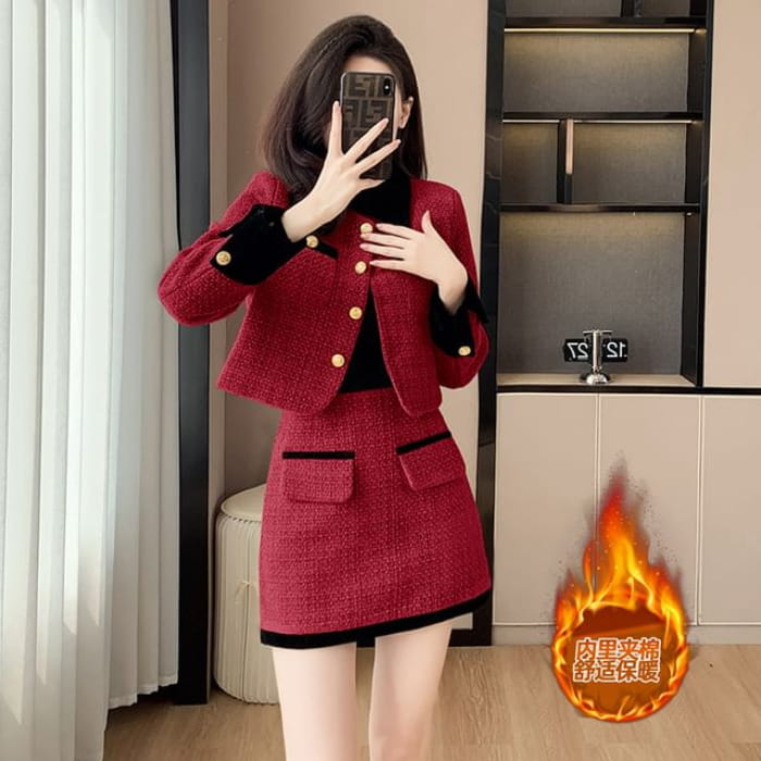 Set: Collared Contrast Trim Button-Up Tweed Crop Jacket