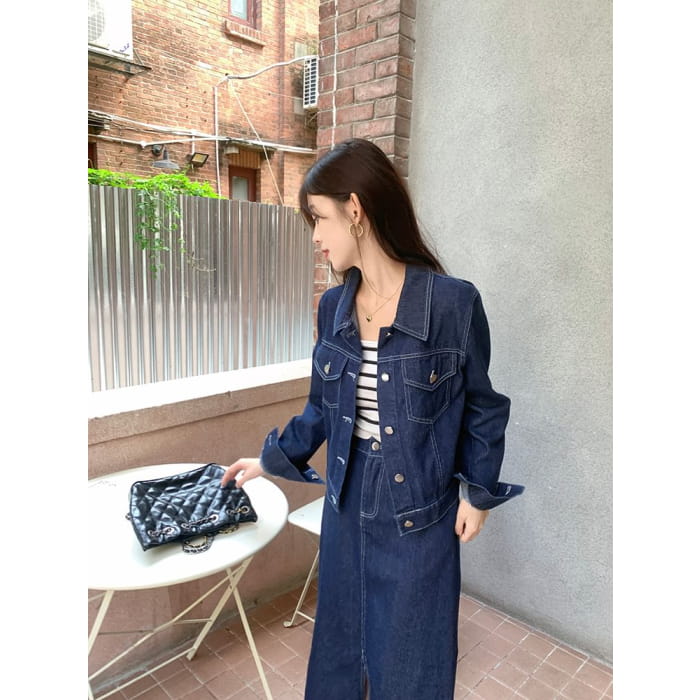 Set: Collared Plain Denim Button Jacket + Mid Rise Midi