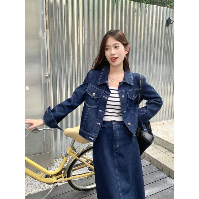 Set: Collared Plain Denim Button Jacket + Mid Rise Midi