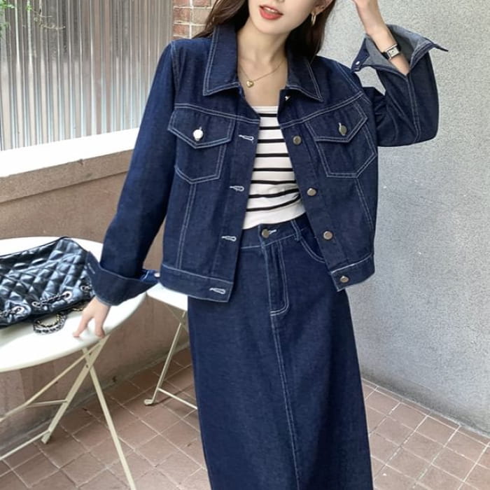 Set: Collared Plain Denim Button Jacket + Mid Rise Midi