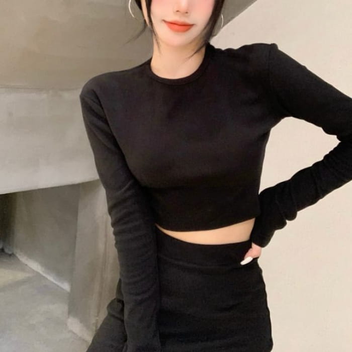 Set: Crewneck Plain Cropped Top + High-Waist Skirt - Black