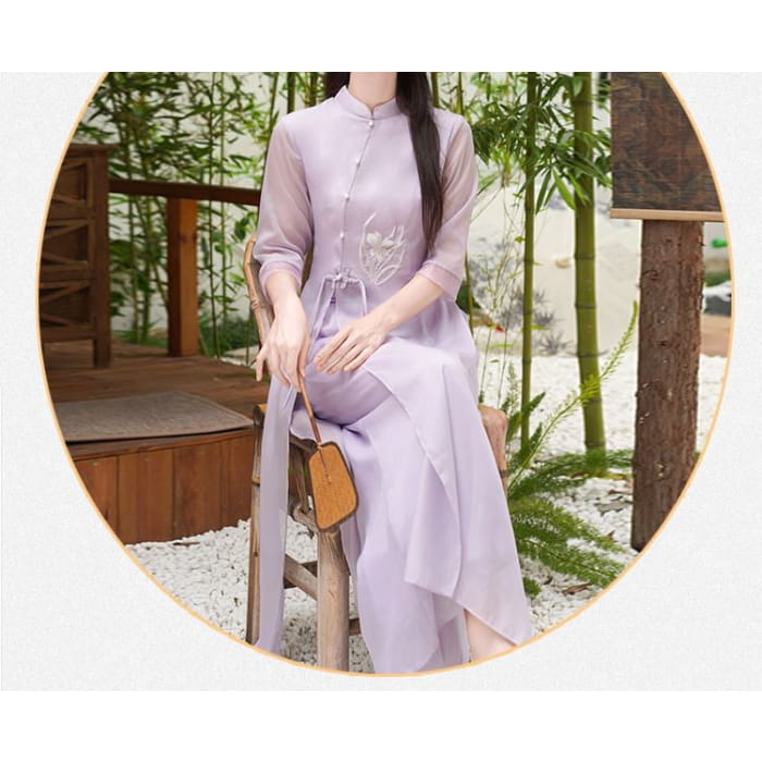 Set: Elbow-Sleeve Flower Embroidered Hanfu Blouse + High