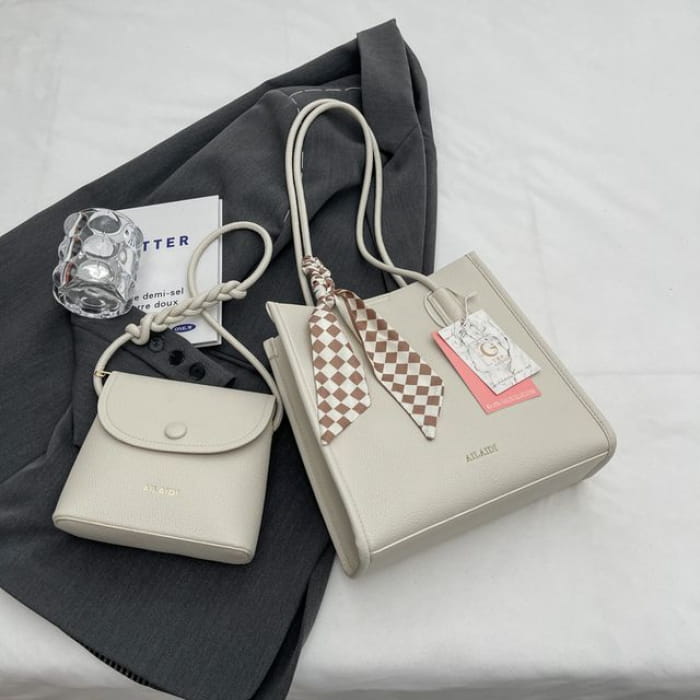 Set: Faux Leather Lettering Tote Bag + Flap Crossbody - Set