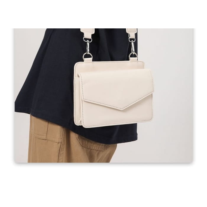 Set: Faux Leather Plain Flap Crossbody Bag + Coin Purse