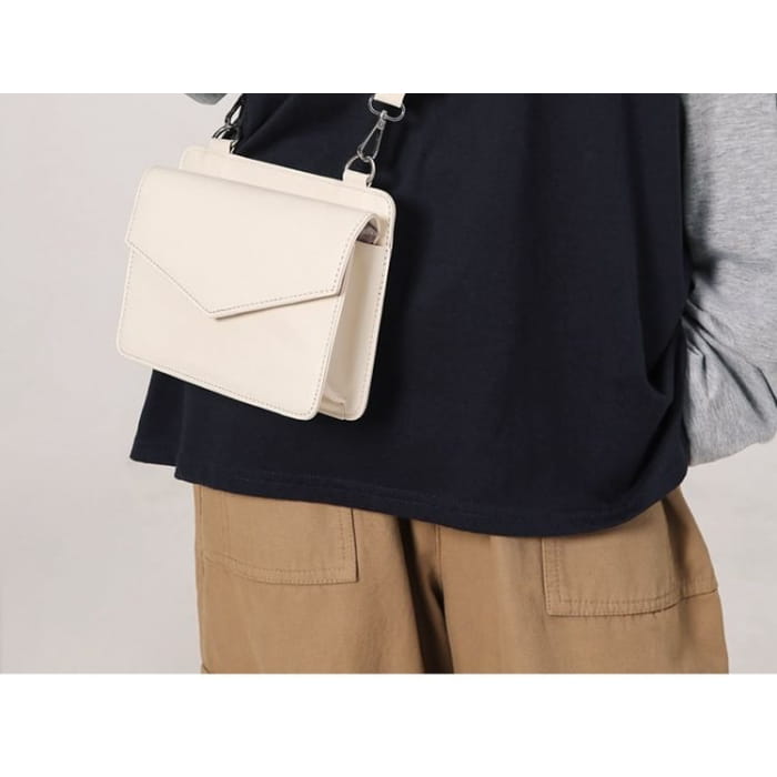 Set: Faux Leather Plain Flap Crossbody Bag + Coin Purse