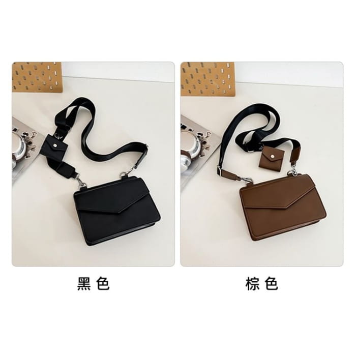 Set: Faux Leather Plain Flap Crossbody Bag + Coin Purse