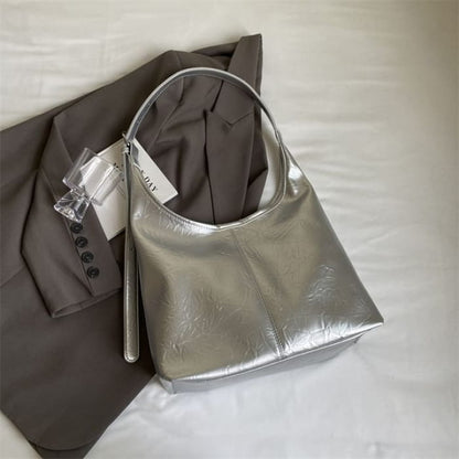 Set: Faux Leather Shoulder Bag + Pouch - Silver / One Size