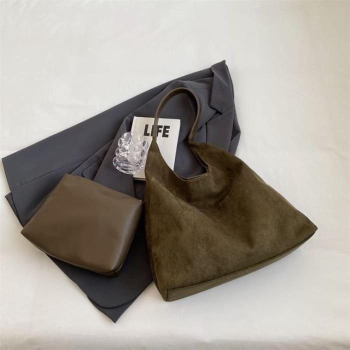 Set: Faux Leather Tote Bag + Pouch - Green / One Size