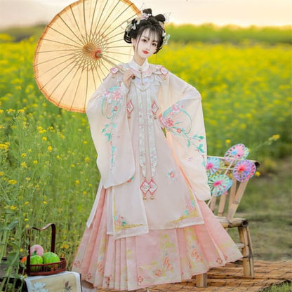 Set: Floral Embroidered Hanfu Long Blouse + Camisole Top