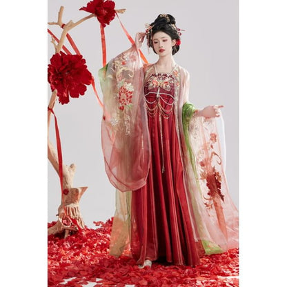 Set: Floral Embroidered Hanfu Maxi Dress + Long Light