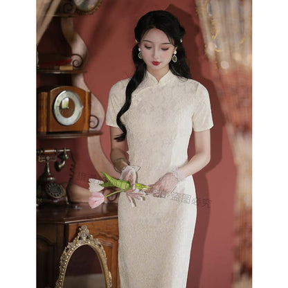 Set: Halter-Neck Slit Midi Lace Qipao + Trim Cape - Clothing