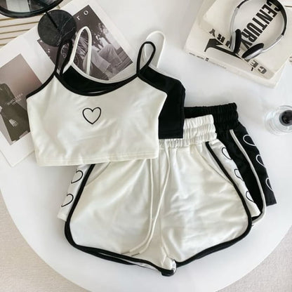 Set: Heart Embroidered Contrast Trim Crop Cami Top