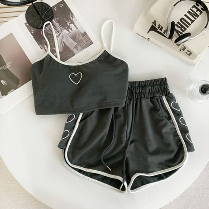 Set: Heart Embroidered Contrast Trim Crop Cami Top