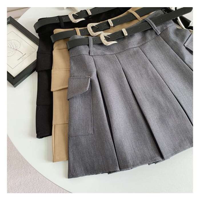 Set: High Waist Plain Pleated Mini A-Line Cargo Skirt