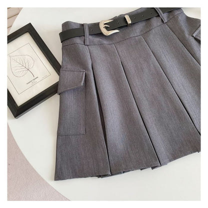 Set: High Waist Plain Pleated Mini A-Line Cargo Skirt