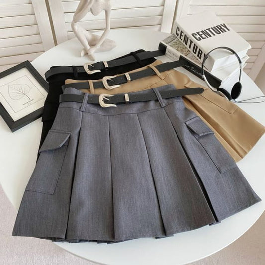 Set: High Waist Plain Pleated Mini A-Line Cargo Skirt