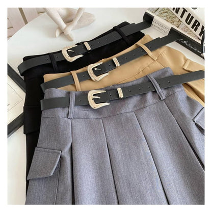 Set: High Waist Plain Pleated Mini A-Line Cargo Skirt