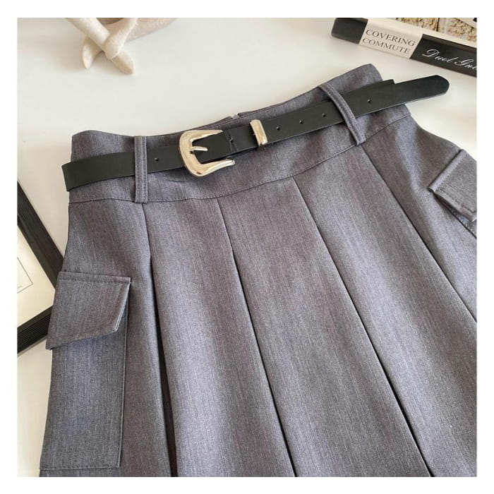 Set: High Waist Plain Pleated Mini A-Line Cargo Skirt