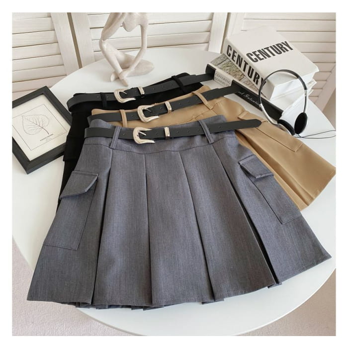 Set: High Waist Plain Pleated Mini A-Line Cargo Skirt