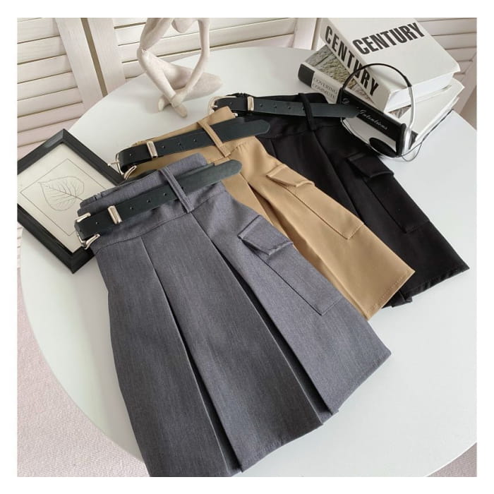 Set: High Waist Plain Pleated Mini A-Line Cargo Skirt