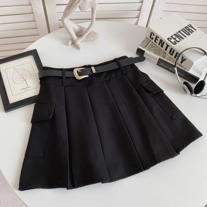 Set: High Waist Plain Pleated Mini A-Line Cargo Skirt