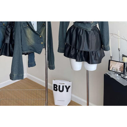 Set: Lapel Collar Denim Jacket + Faux Leather Mini Skirt