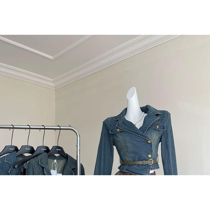 Set: Lapel Collar Denim Jacket + Faux Leather Mini Skirt