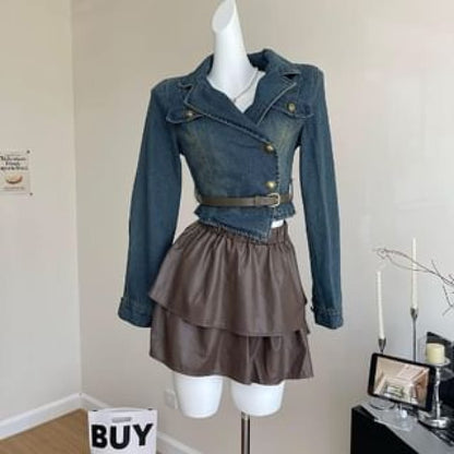 Set: Lapel Collar Denim Jacket + Faux Leather Mini Skirt