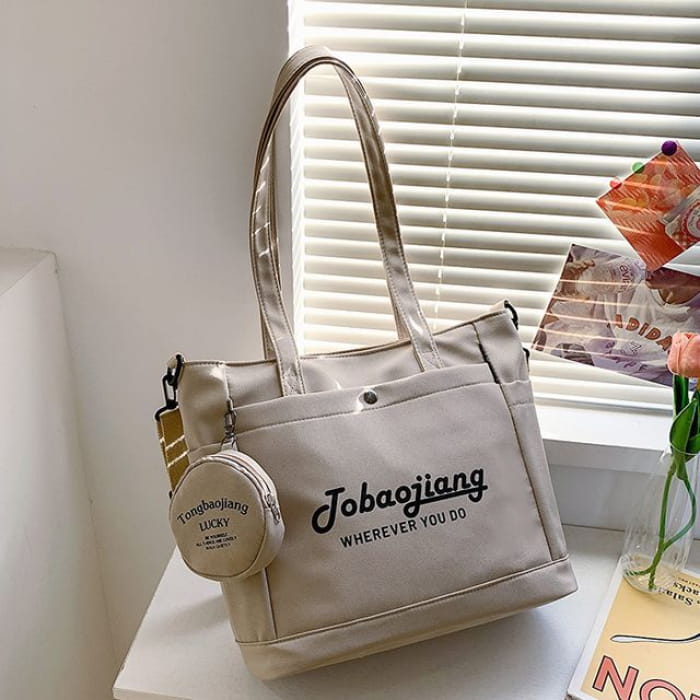 Set: Lettering Canvas Tote Bag + Pouch - With - Khaki