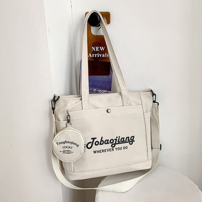 Set: Lettering Canvas Tote Bag + Pouch - With - Off-White