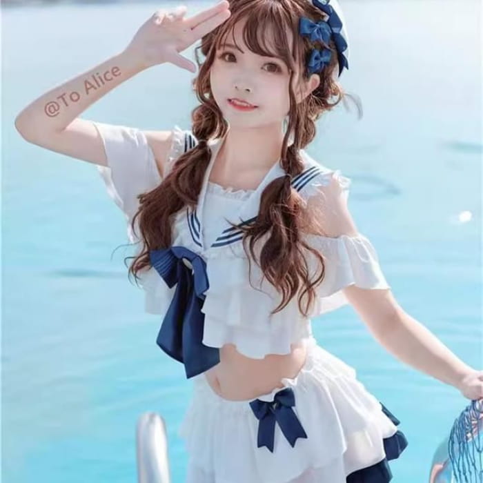 Set: Lolita Sailor Collar Swim Top + Skirt - With Pads