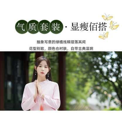 Set: Long-Sleeve Band Collar Plain Hanfu Blouse + Mid Rise