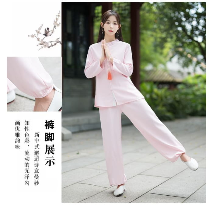 Set: Long-Sleeve Band Collar Plain Hanfu Blouse + Mid Rise