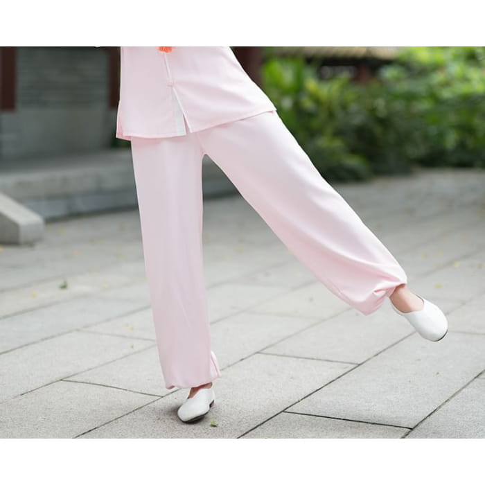 Set: Long-Sleeve Band Collar Plain Hanfu Blouse + Mid Rise