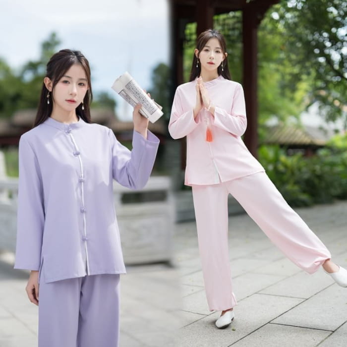 Set: Long-Sleeve Band Collar Plain Hanfu Blouse + Mid Rise