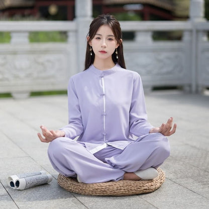 Set: Long-Sleeve Band Collar Plain Hanfu Blouse + Mid Rise