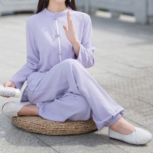 Set: Long-Sleeve Band Collar Plain Hanfu Blouse + Mid Rise