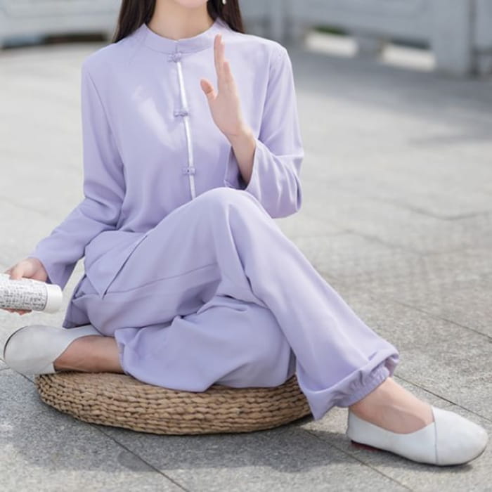 Set: Long-Sleeve Band Collar Plain Hanfu Blouse + Mid Rise