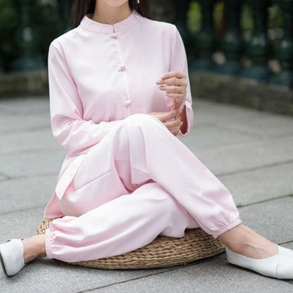 Set: Long-Sleeve Band Collar Plain Hanfu Blouse + Mid Rise